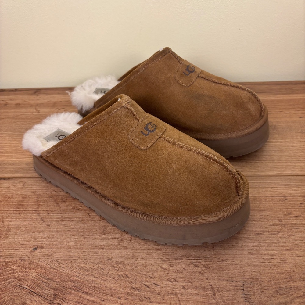 UGG Discoquette Platform Slipper Chestnut Women Size 10 Suede Plush Warm Slip On